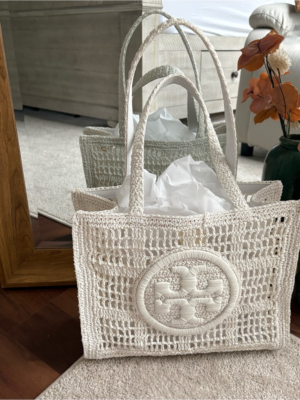 Tory Burch Cream Woven Crochet Tote with Signature Emblem